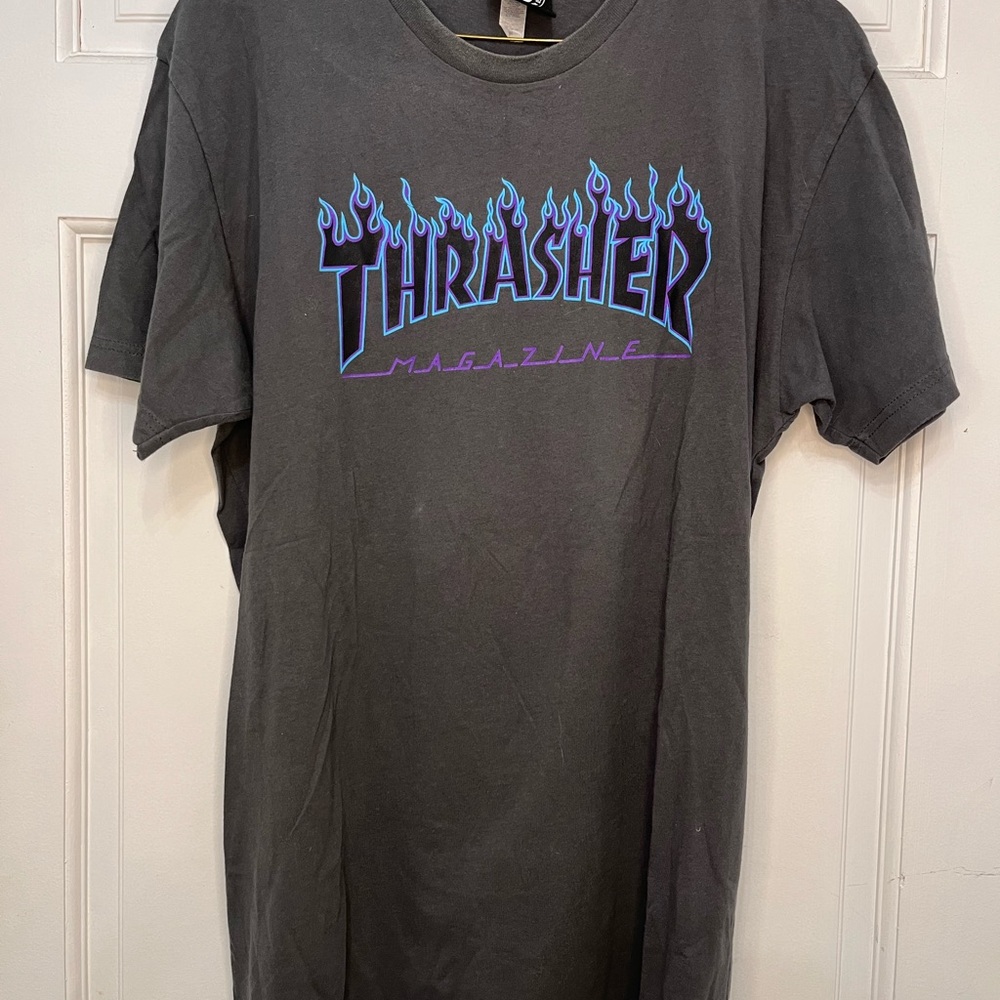 Thrasher Charcoal Tee with Blue Flame Logo